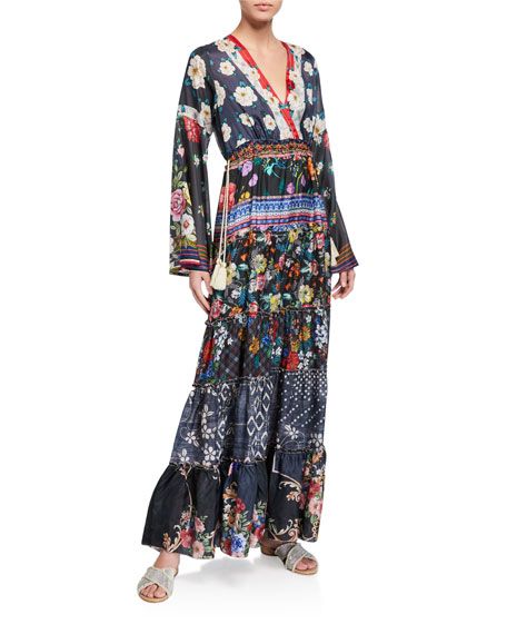 Johnny Was Dunas Mixed-Print V-Neck Long-Sleeve Tiered Silk Dress | Neiman Marcus