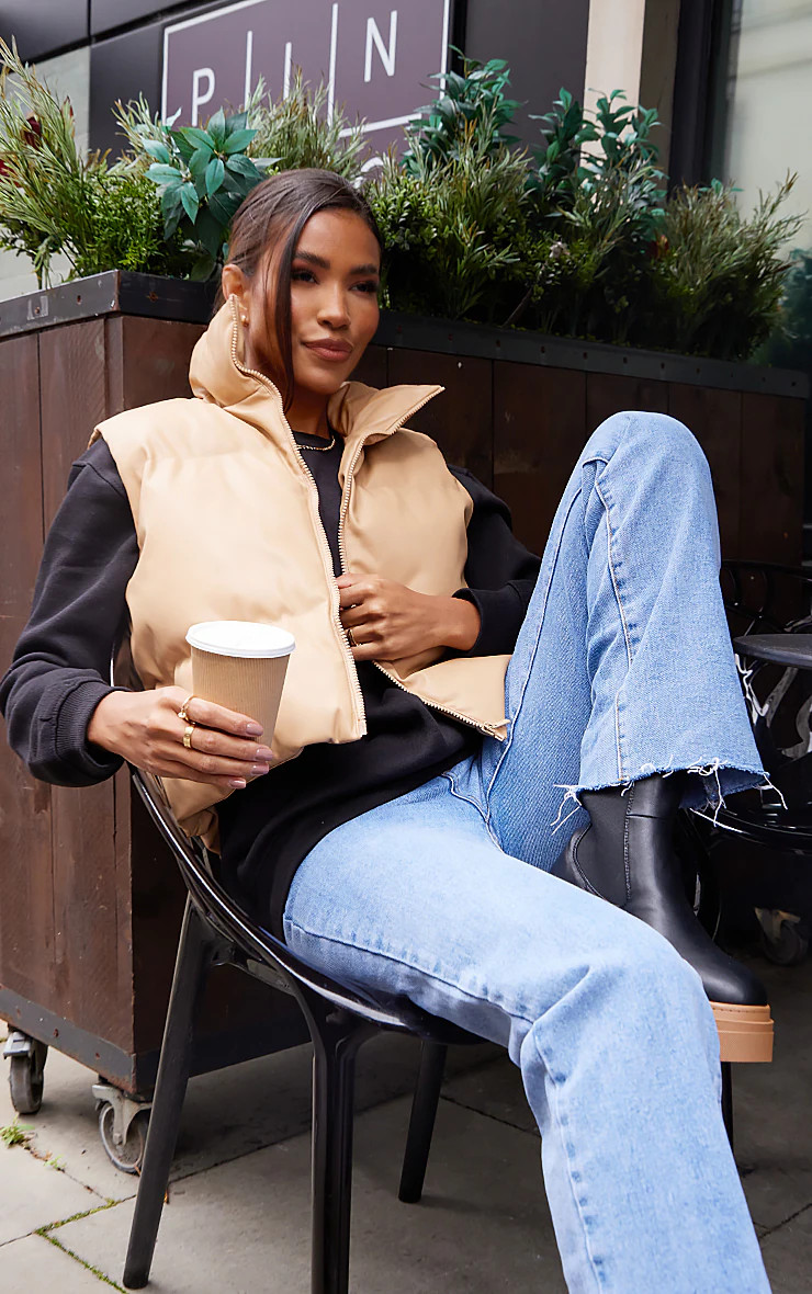 Caramel Faux Leather Drop Hem Vest | PrettyLittleThing US