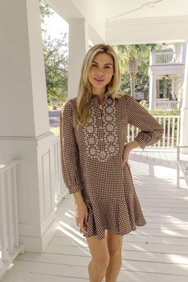 Brown & White Gingham Embroidered Ruffle Hem Shirt Dress | Sail to Sable