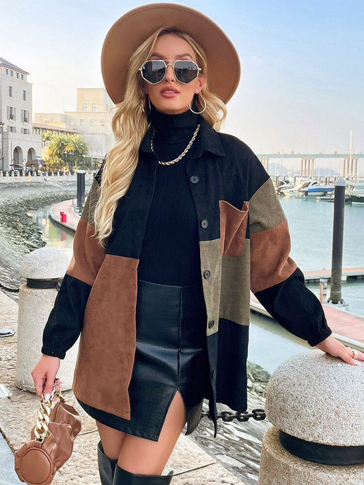 Cut And Sew Drop Shoulder Corduroy Coat | SHEIN
