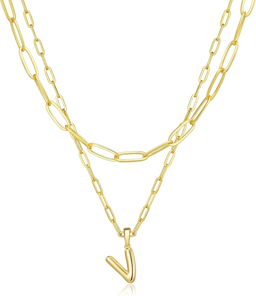 adoyi Bubble Letter Necklace Gold Balloon Initial Necklace for Women Trendy - 18K Gold Plated Lay... | Amazon (US)