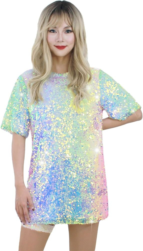 Sequin T-Shirt Dress Sparkly Casual Short Sleeve Party Club Outfit Costume | Amazon (US)