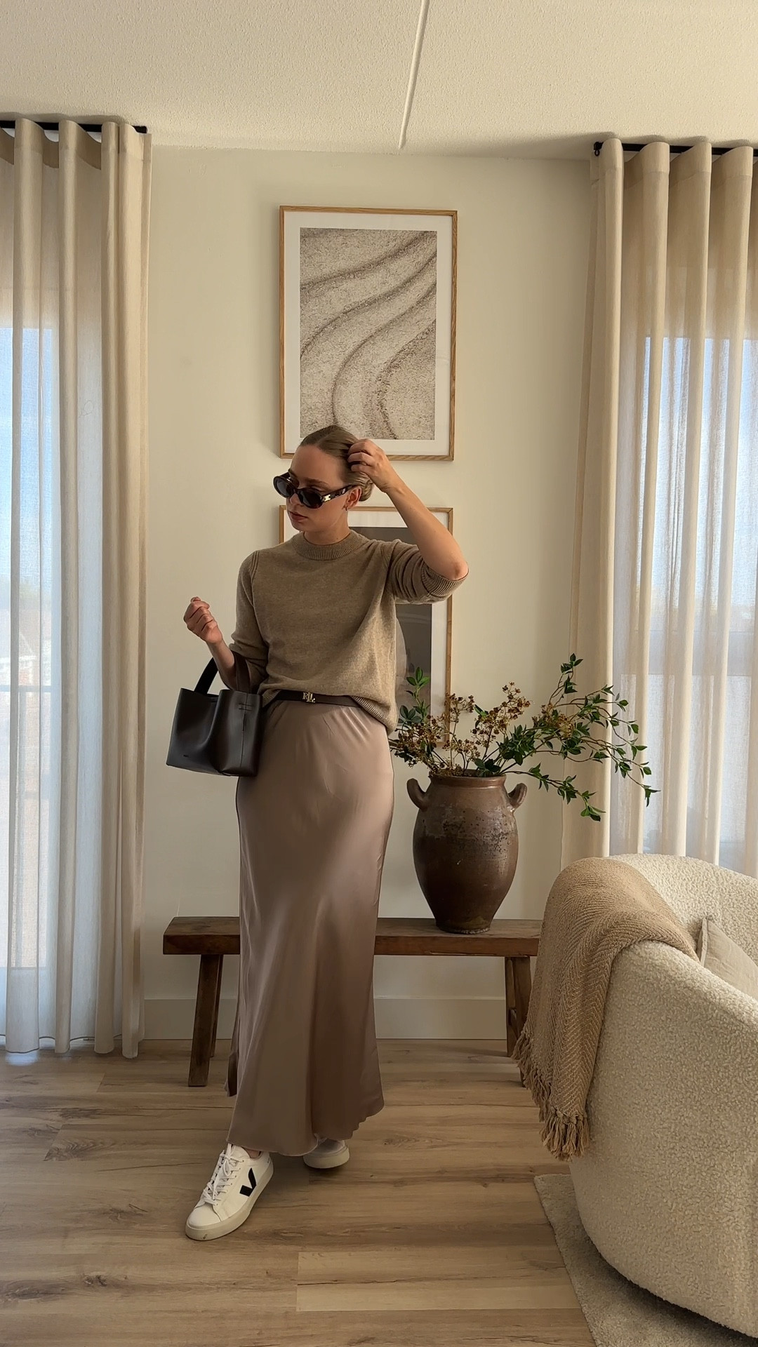 Casual outfit wearing my brown satin skirt, brown cashmere sweater, Ralph Lauren belt, brown bag and veja sneakers 🖤🤍

#LTKstyletip #LTKworkwear #LTKSeasonal