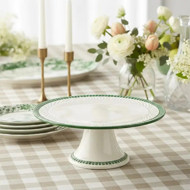 Green Trim Embossed Ceramic Cake Stand | Antique Farm House