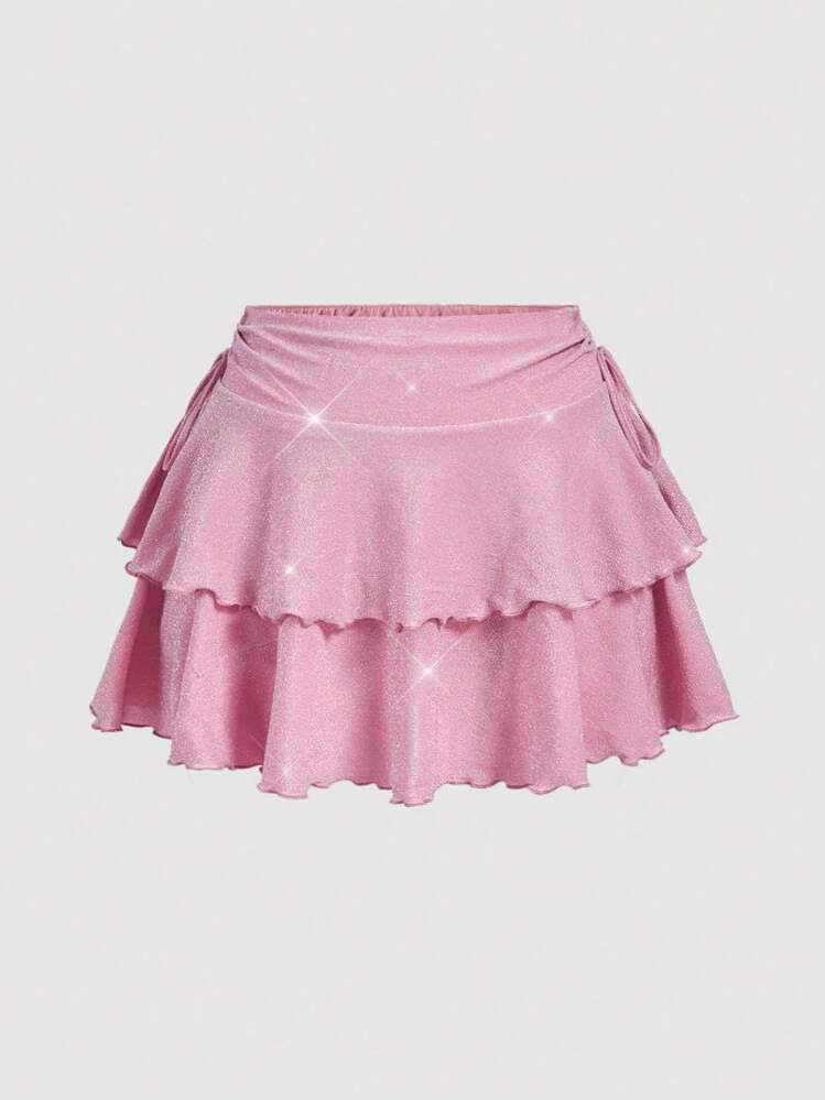 SHEIN MOD Plus Size Women's ,Low Waist Side Tie Multilayer Ruffle Glitter Pink Skirt,Pink Ruffle Skirt,Pink Mini Skirt,Hot Pink Skirt, Festival Women,Sequin Skirt | SHEIN
