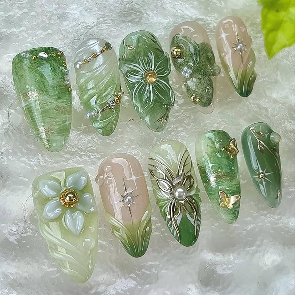 30Pcs Green Press on Nails Medium Almond Fake Nails with 3D Pearl Gold Beads Designs Stick on Nai... | Amazon (US)