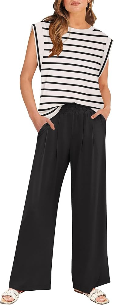 ANRABESS Women 2 Piece Outfits Tank Top & Palazzo Pants 2026 Summer Lounge Matching Sets Travel V... | Amazon (US)