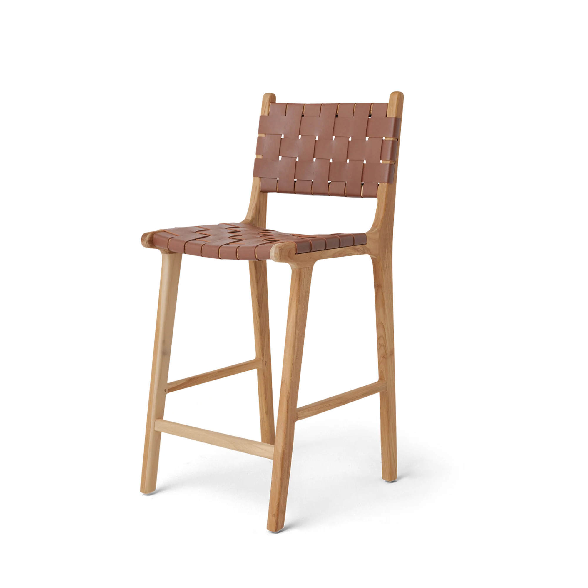 Stool #2 - Counter Stool in Teak with Woven Brown Leather | Hati Home