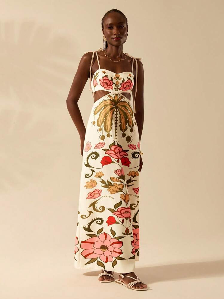 CAJUNI Women Bohemian Tropical Colorful Coconut Trees & Floral Print Sleeveless Tie Front Cropped Long Dress, Casual Vacation Sundress | SHEIN