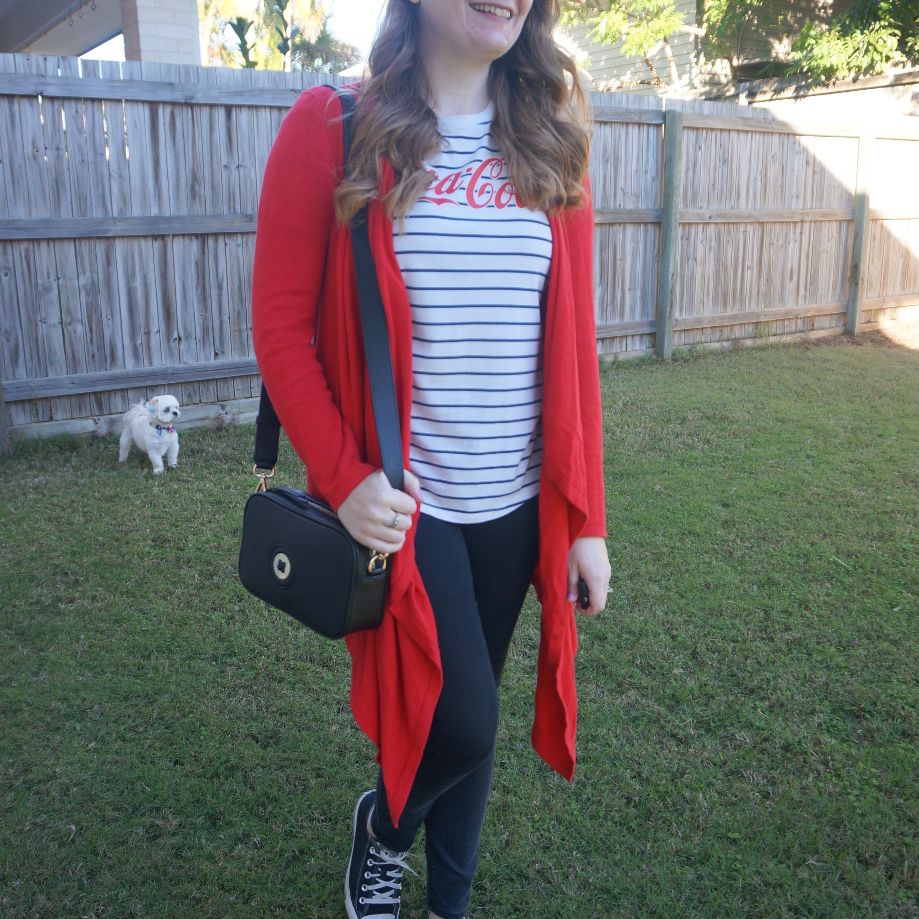 Coca-Cola logo stripe tee with my cosy red waterfall cardigan, black jeans and my latest wardrobe addition, my Mimco mimazing crossbody bag ❤️

#LTKaustralia #LTKwinter #LTKbag