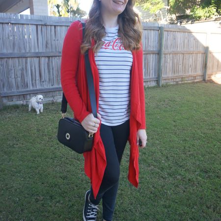 Coca-Cola logo stripe tee with my cosy red waterfall cardigan, black jeans and my latest wardrobe addition, my Mimco mimazing crossbody bag ❤️

#LTKaustralia #LTKwinter #LTKbag