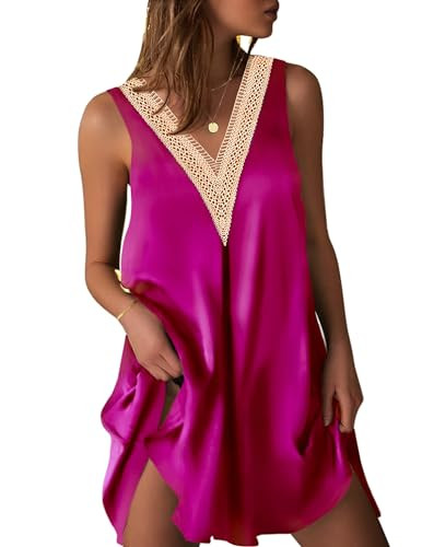 Ekouaer Women Silk V Neck Chemise Nightgown Nightshirt Sleep Shirts Sleepwear Sleeveless Satin Nightdress Rose Red Small | Amazon (US)