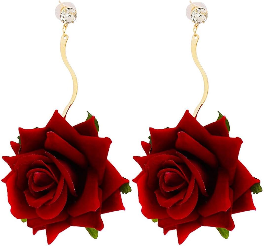 Denifery Boho Red Rose Earrings Rose Flower Dangle Drop Stud Earrings with Sparkly Crystal for Wo... | Amazon (US)