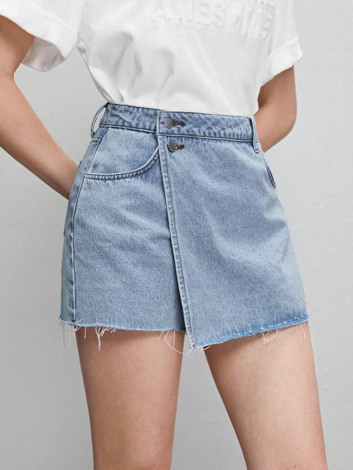SHEIN BIZwear Cotton Raw Hem Denim Skort Workwear | SHEIN