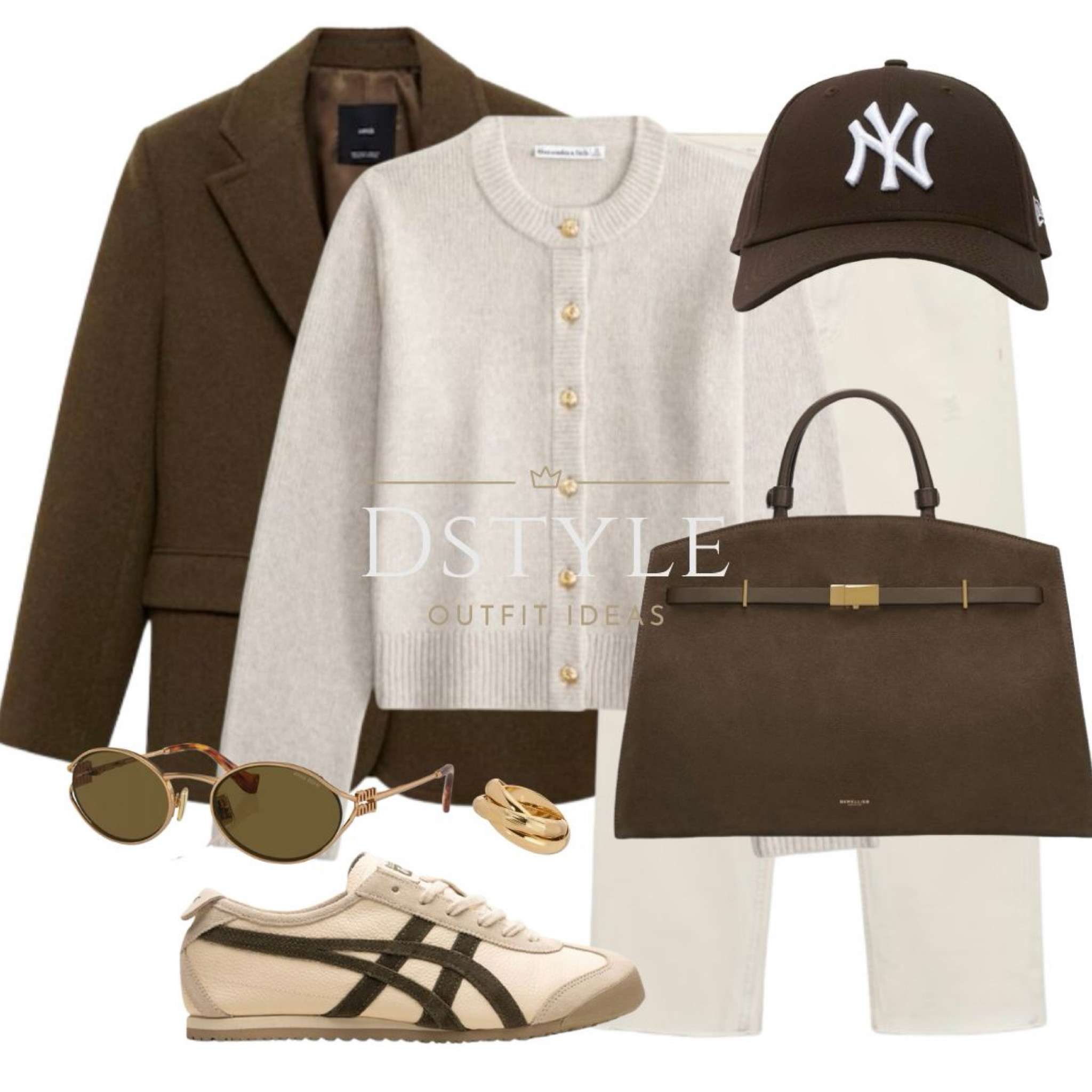 Khaki wool blazer, taupe cardigan, ecru straight fit jeans, dark brown cap, mocha suede bag, Onitsuka Tiger Mexico 66 Vin "Beige/Green" sneakers, Miu Miu sunglasses

#LTKItBag #LTKStyleTip #LTKShoeCrush