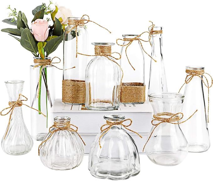 Nilos Glass Vases Set of 10, Clear Vintage Glass Flower Vase with Rope Design and Differing Uniqu... | Amazon (US)