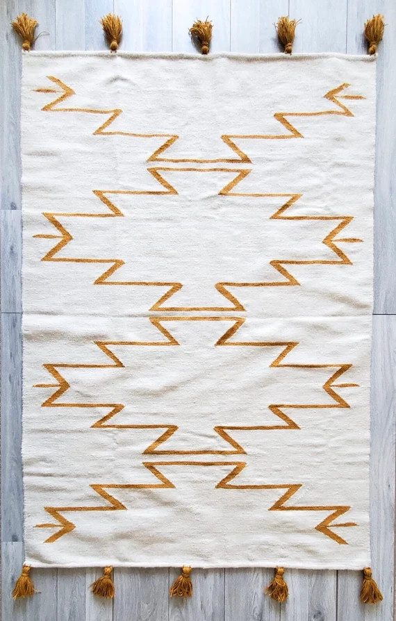 Mustard Rug Yellow Mustard Handmade Rug, Boho Kilim Rug, Mustard Area Rug, Area Rug, Tassel, Pomp... | Etsy (US)