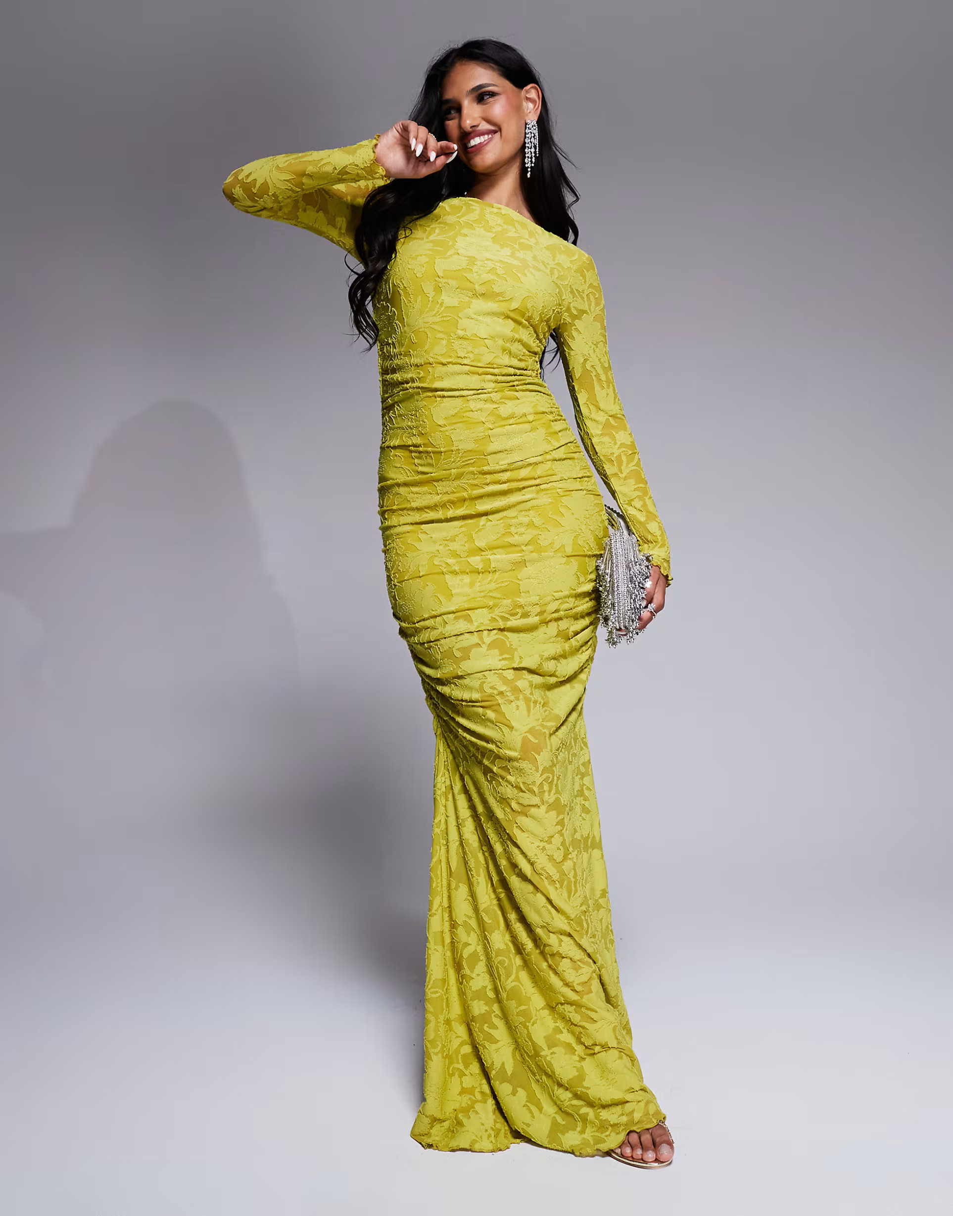 ASOS DESIGN devore long sleeve ruched midi dress in lime | ASOS | ASOS (Global)