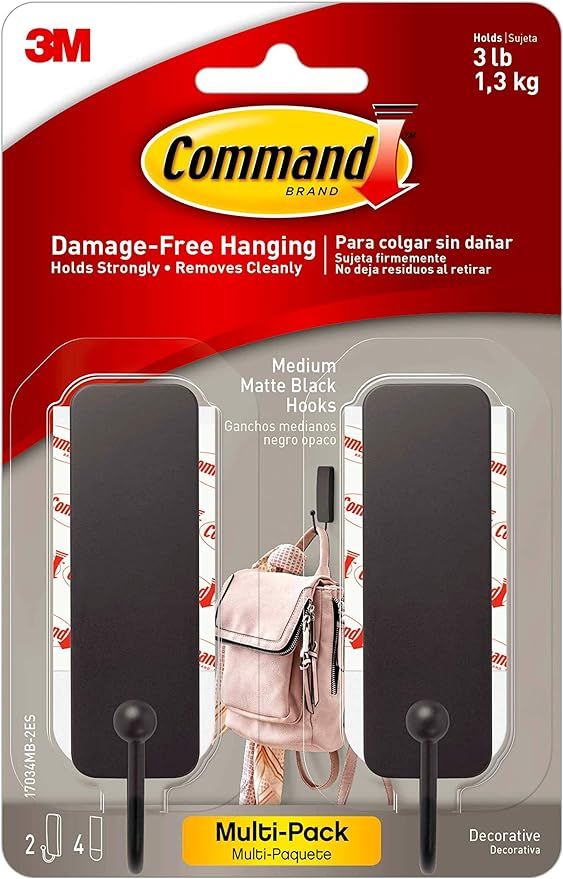 Command Medium Matte Black Decorative Hook, 2-Hooks, 4-Strips Per Pack, Decorate Damage-Free | Amazon (US)
