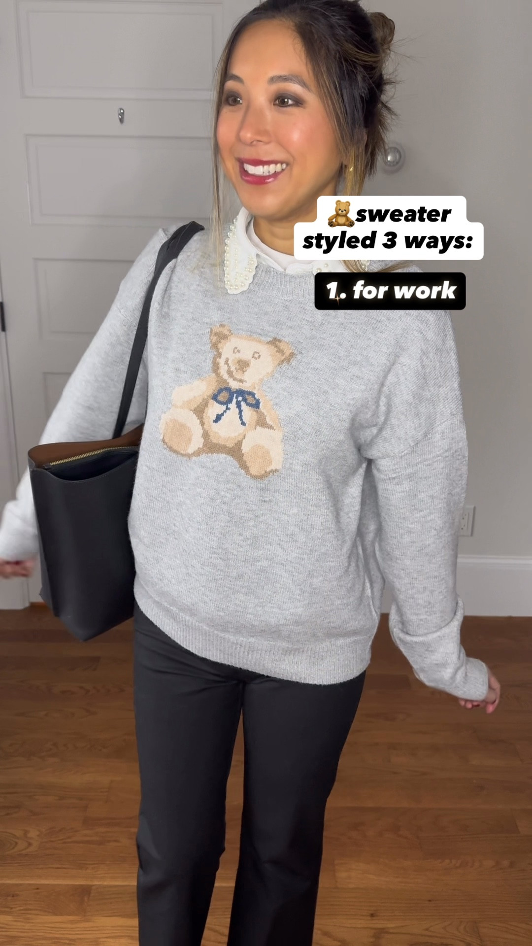 Cute teddy bear 🧸 sweater trend ❤️😍 Styled it 3 ways! 1. For work with a false collar and boot cut trousers, 2. For dinner with a mini skirt and knee high boots, and 3. For an everyday, casual look with white denim and sneakers. 👟 

Winter outfit inspo, winter outfit inspiration, winter ootd, teddy bear sweater, teddy sweater #teddysweater #teddybearsweater #winterootd #winteroutfitinspo 

#LTKootd #LTKFindsUnder50