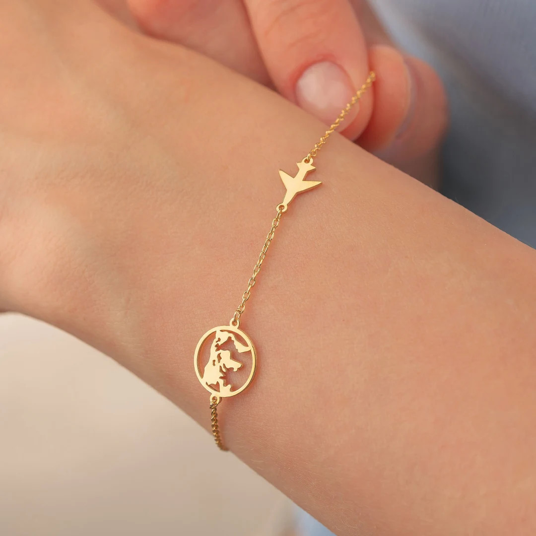 18K Gold Earth and Airplane Bracelet, Birthday Gift, Kids Bracelet, Earth Bracelet, Travel Bracel... | Etsy (US)