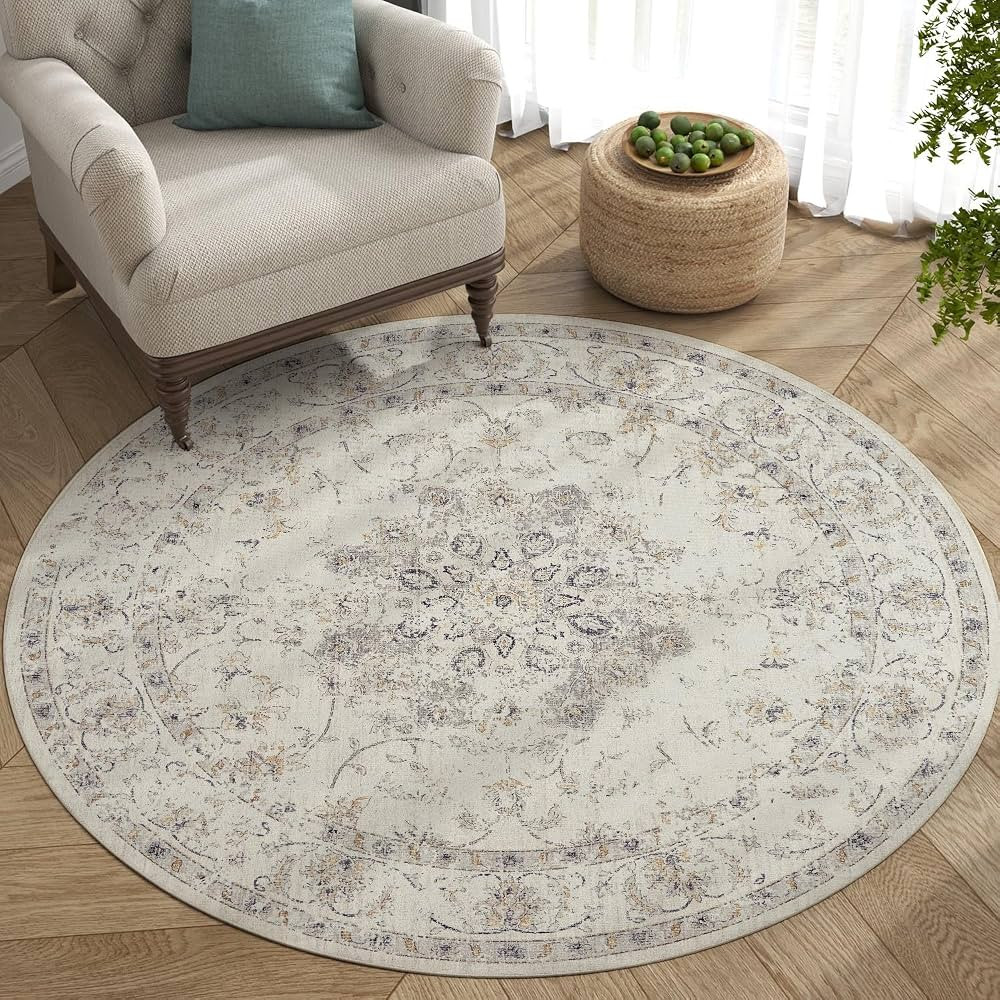 jinchan Washable Round Rug 5ft - Ultra-Thin Circle Rug Vintage Floral Medallion Rug Low Pile Non ... | Amazon (US)