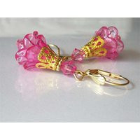 Pink Flower Earrings, Lucite Jewelry, Bright Floral Dangle Gold Leverback | Etsy (UK)