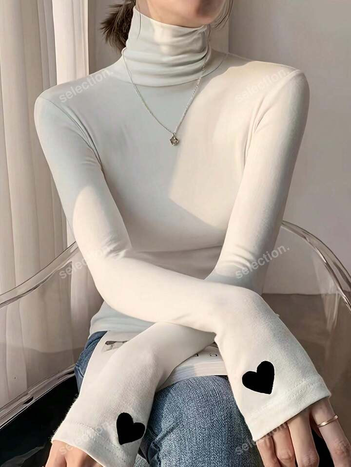 Women Spring/Summer Long Sleeve Heart Pattern Slim Fit Turtleneck Top | SHEIN