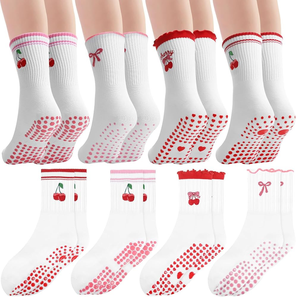 Capoda 4 Pairs Valentines Pilates Grip Socks for Women - Cute Non Slip Cherry Bow Yoga Grippy Pil... | Amazon (US)