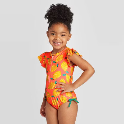 Toddler Girls' Lemon Print Zip-Up One Piece Swimsuits - Cat & Jack™ Moxie Peach | Target