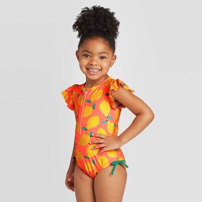 Toddler Girls' Lemon Print Zip-Up One Piece Swimsuits - Cat & Jack™ Moxie Peach | Target