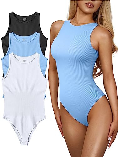 OQQ Women's 3 Piece Bodysuits Sexy Ribbed One Piece Sleeveless Halter Neck Bodysuits | Amazon (US)
