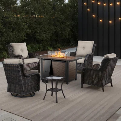 Wendye 7-Piece Outdoor Set With Fire Pit Table, Swivel Chairs & Side Tables For Patio | Wayfair North America