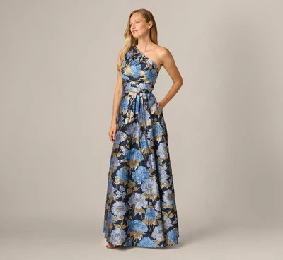 One Shoulder Metallic Floral Jacquard Gown In Navy Blue Multi | Adrianna Papell