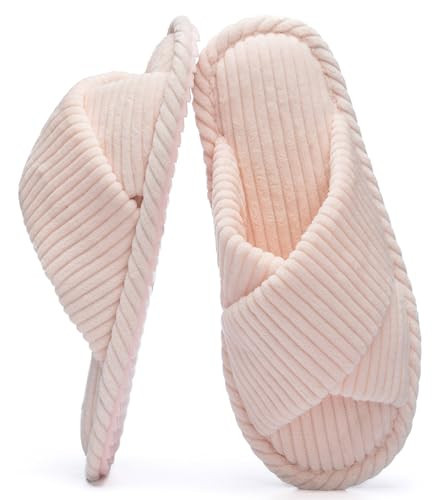 GOEWY House Slippers for Women Fuzzy Womens Slippers Indoor Outdoor Pink Open Toe With Cross Band Corduroy Memory Foam Warm Gifts for Woman Size 7 8.5 | Amazon (US)