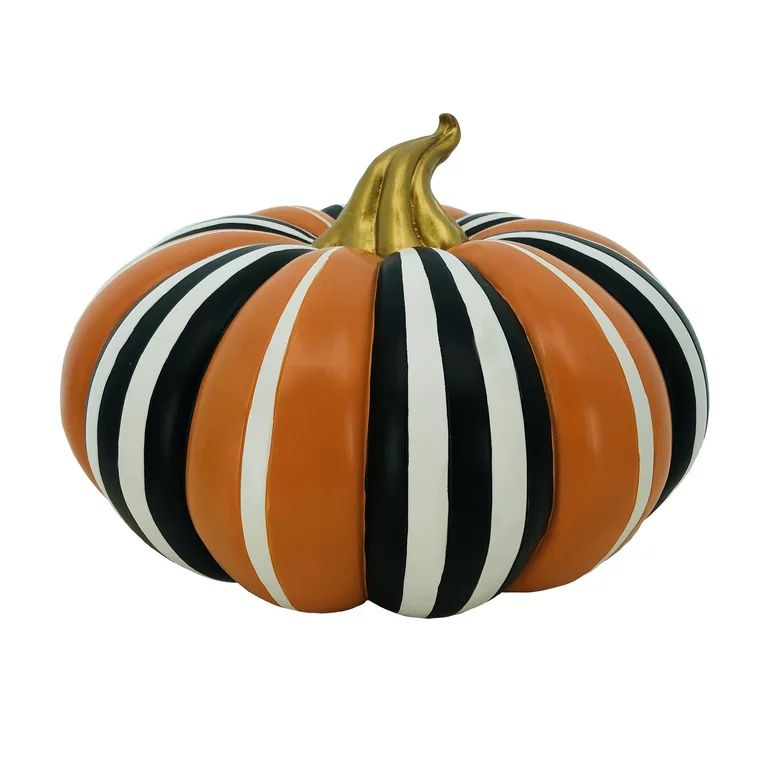 Halloween Striped Resin Pumpkin Decoration, Black/White/Orange, 10 in x 10 in x 6.5 in, by Way To... | Walmart (US)