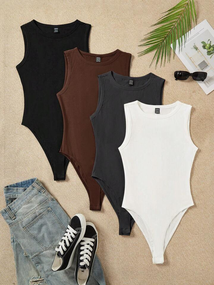 SHEIN EZwear 4pcs/Set Women Round Neck Bodycon Bodysuit, Suitable For Summer | SHEIN
