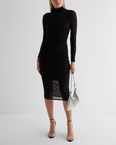 Mesh Mock Neck Long Sleeve Ruched Midi Dress | Express
