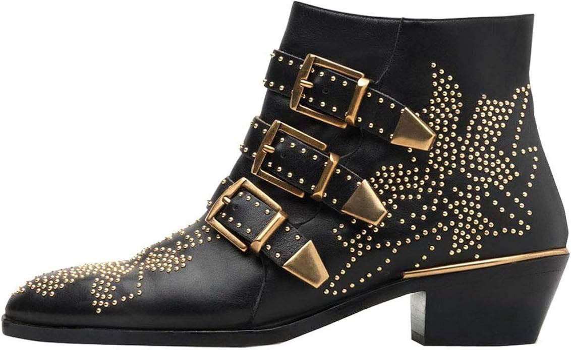 bashafanni Ankle Boots Womens Genunie Leather Rivet Studded Buckle Strap Designer Boot Low Heel B... | Amazon (US)