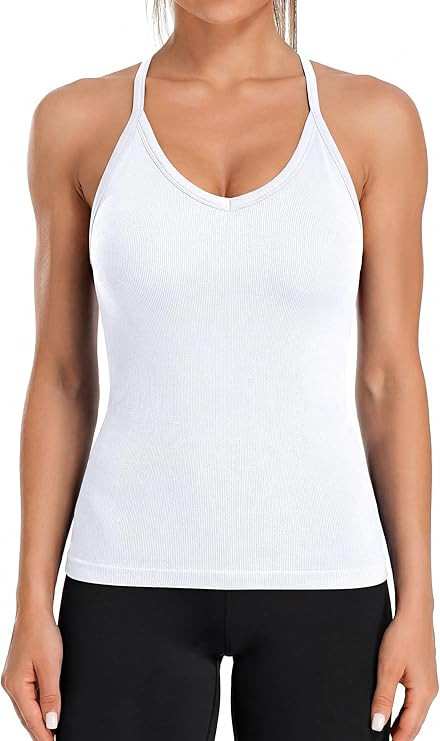 ATTRACO Ribbed Workout Tank Tops for Women with Built-in Bra V Neck Rackback Going Out Camisole | Amazon (US)