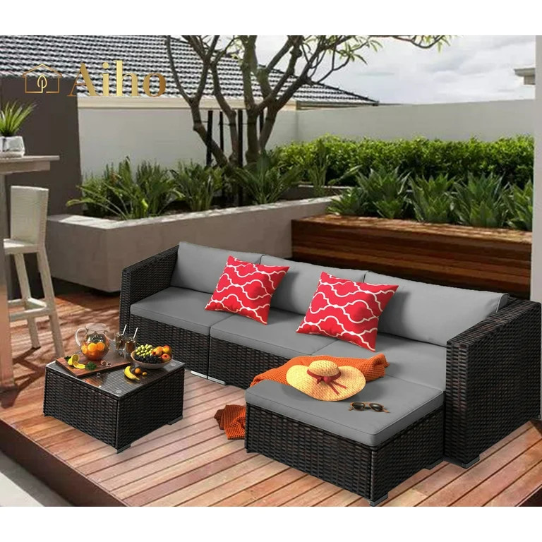 Aiho 5 Piece Rattan Patio Furniture Set , Outdoor Sectional Patio Sofa with Cushion and Glass Tab... | Walmart (US)