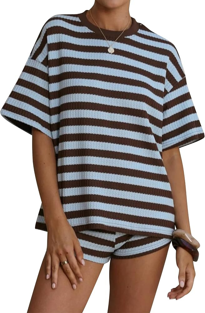 TERIVEEK Womens Summer 2 Piece Sets Striped Short Sleeve T Shirts and Shorts Matching Set Casual ... | Amazon (US)