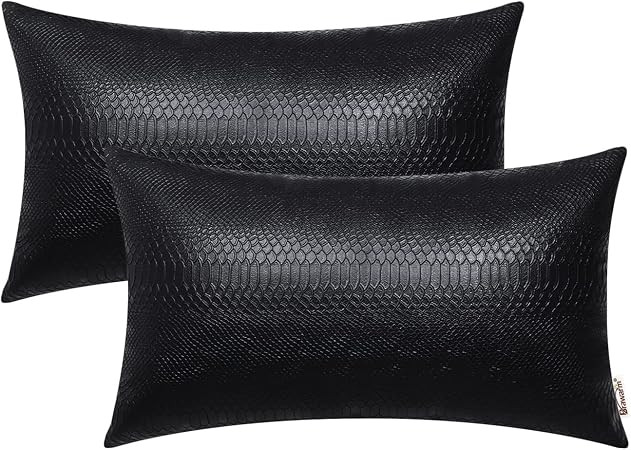 BRAWARM Black Leather Throw Pillows 12 X 20 Inches, Snake Leather Pillow Covers Pack of 2, Faux L... | Amazon (US)