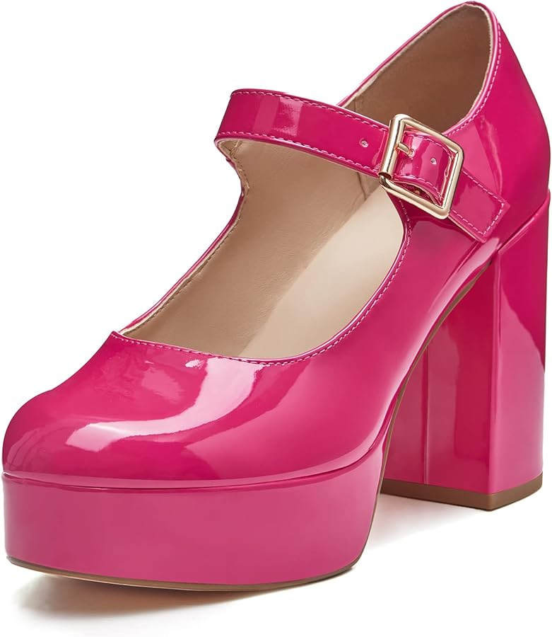 Coutgo Womens' T-Strap Round Toe Chunky Platform Heels Patent Mary Jane Dress Shoes | Amazon (US)