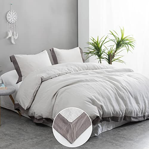 Simple&Opulence 100% Linen Duvet Cover Set with Washed French Flax-Full Size(78"x 86")- 3 Pieces (1 Comforter Cover,2 Pillowshams) Basic Border Design Premium Bedding Set Breathable,Grey and Brown | Amazon (US)