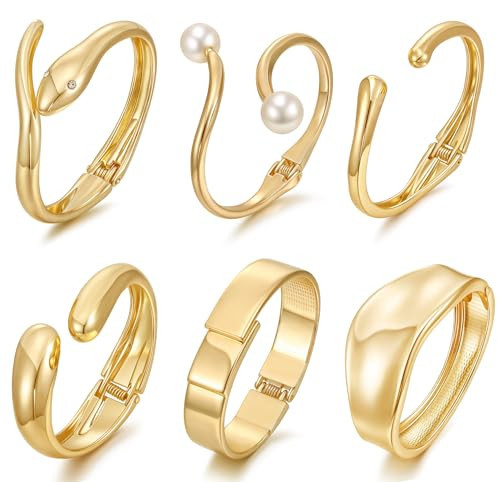 BOMAIL 6pcs Chunky Gold Bangle Bracelet for Women 14k Gold Plated Wide Hinged Cuff Open Bracelet Dainty Minimalist Bangle Jewelry | Amazon (US)