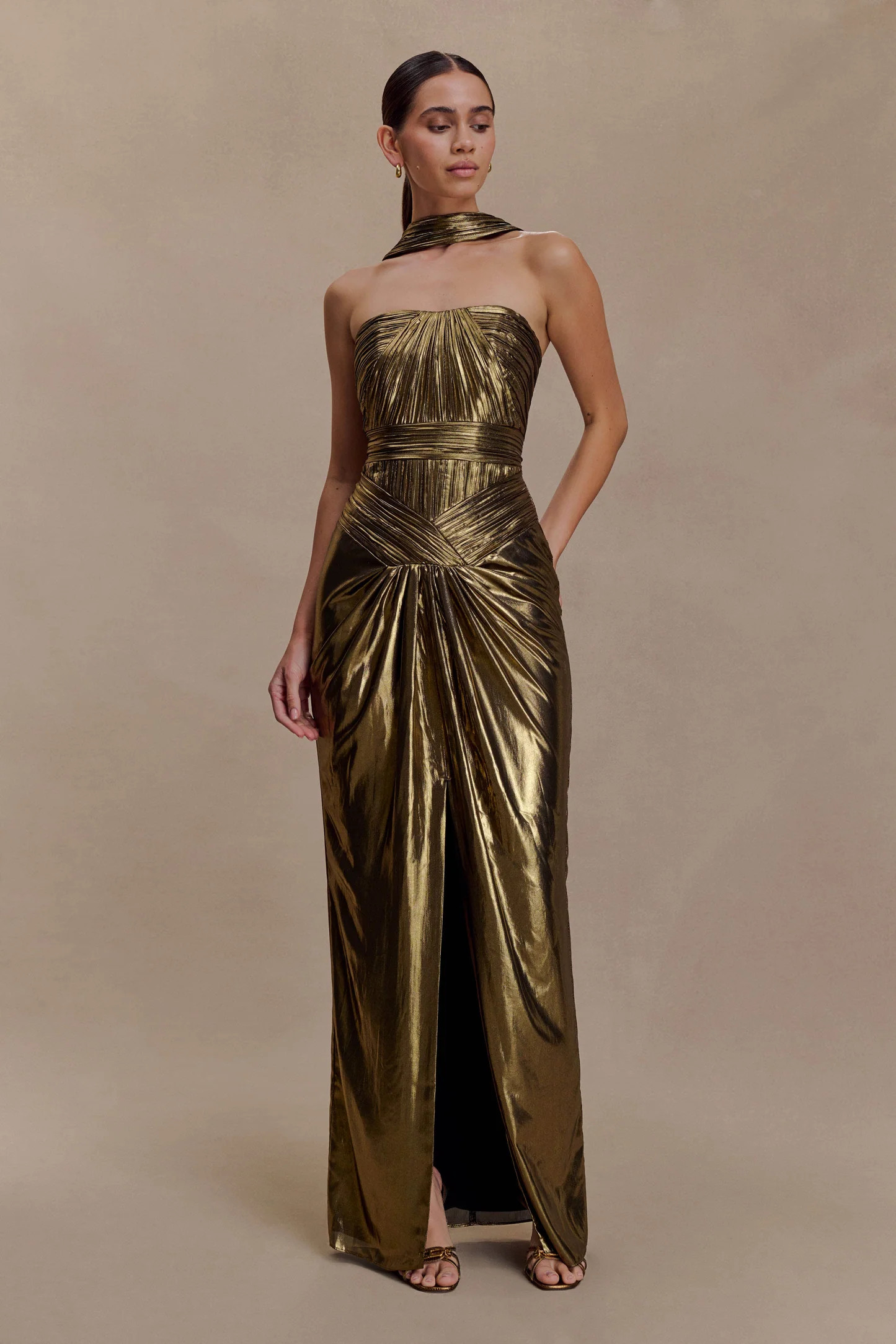Plisse Maxi Dress - Gold | MESHKI US