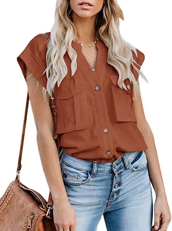 Womens Button Down Shirts Pocket Cap Sleeve Summer Blouse Military Utility Tops | Amazon (US)