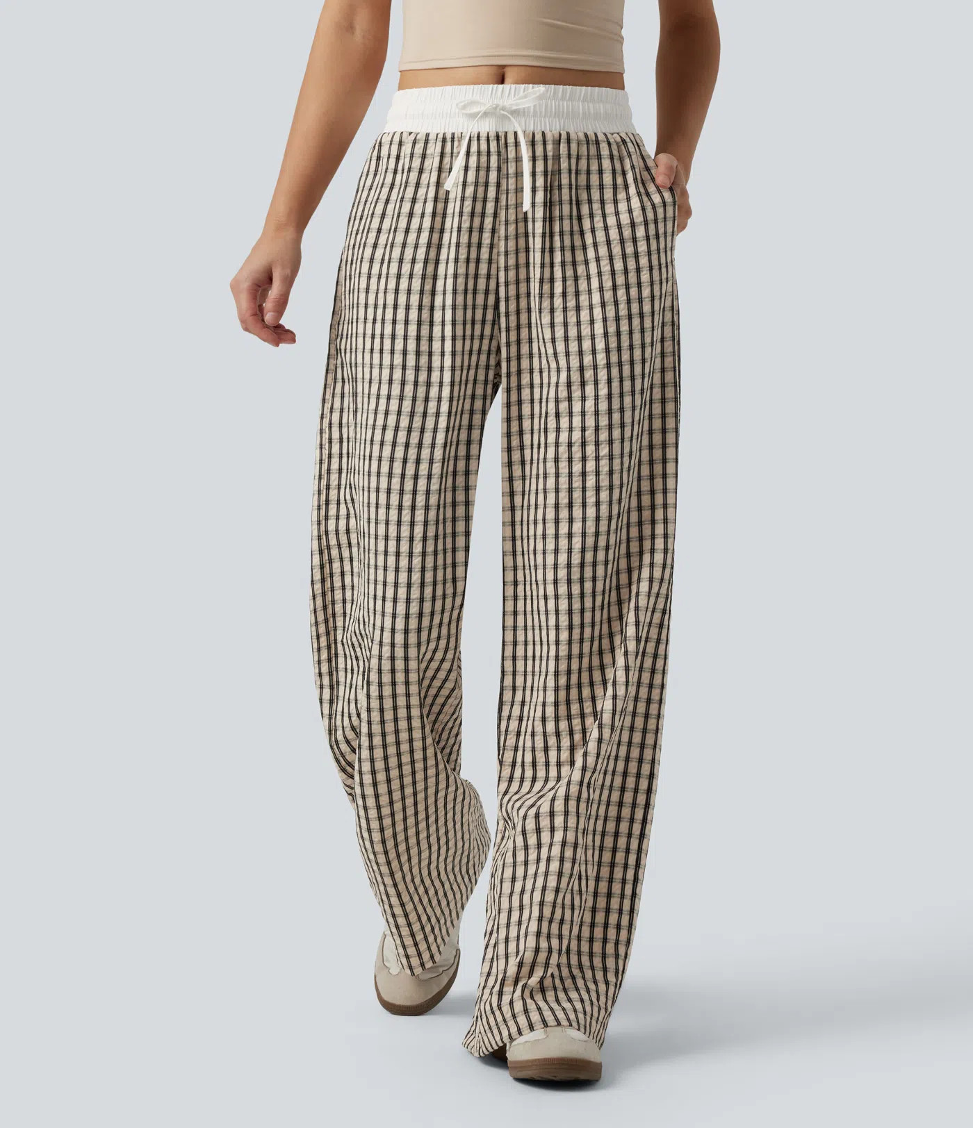 Mid Rise Drawstring Wide Leg Baggy Plaid Casual Pants with Pockets | HALARA
