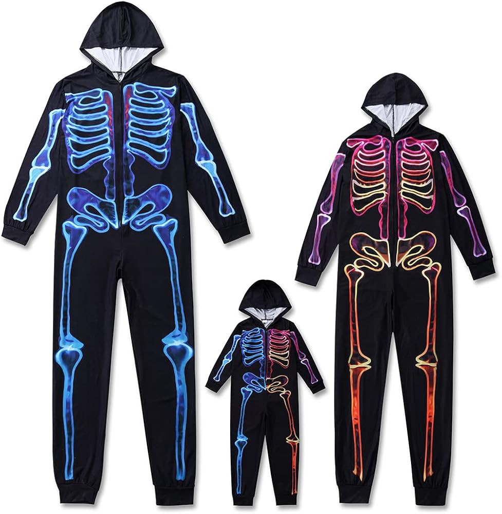 Family Halloween Skeleton Pajamas Funny Zipper Hooded Jumpsuit Matching Family Pjs Sleepwear | Amazon (US)